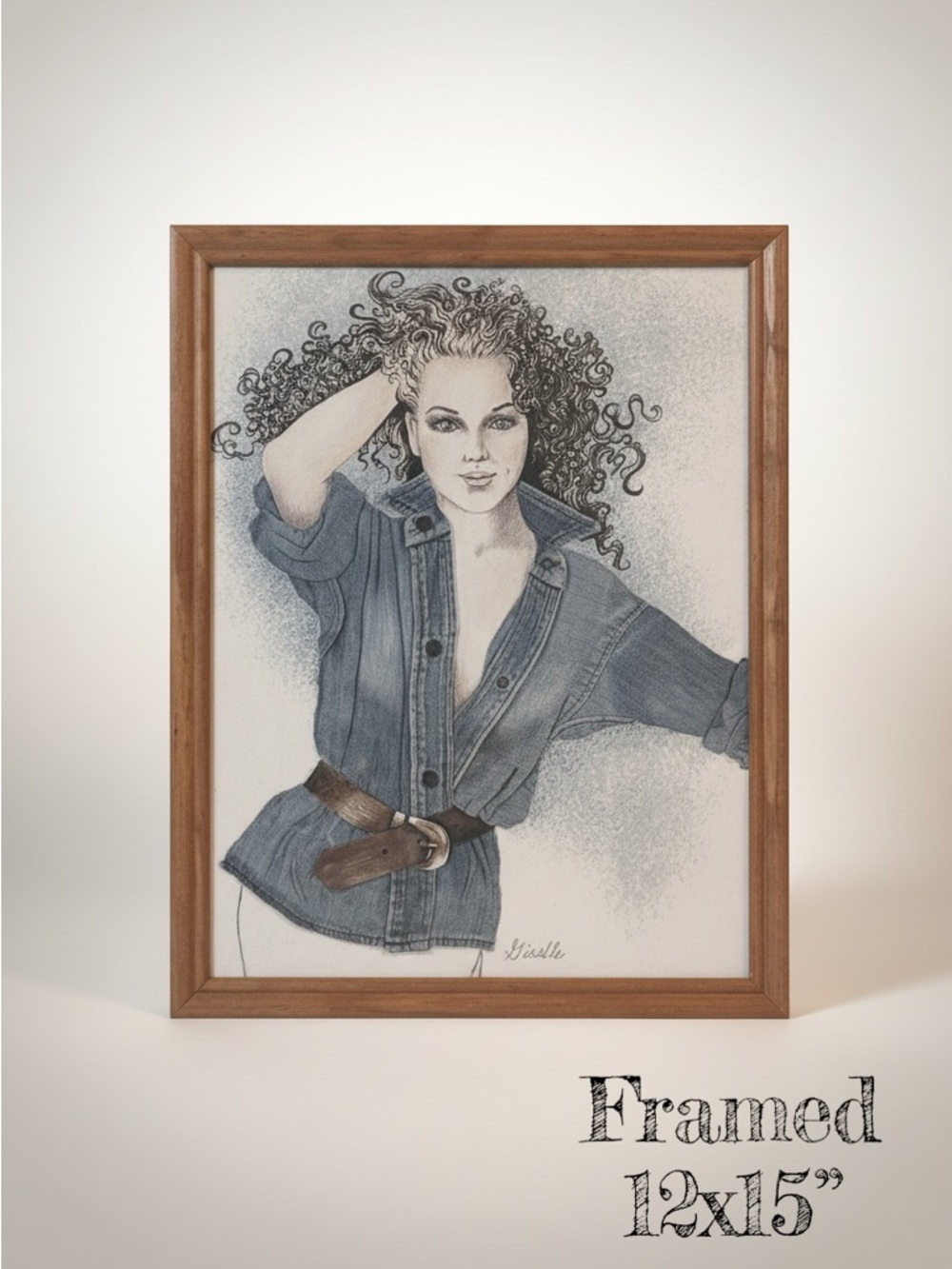 Solid Wood Frame – Art: Curly Hair Woman in Denim Shirt, Signed “Giselle”